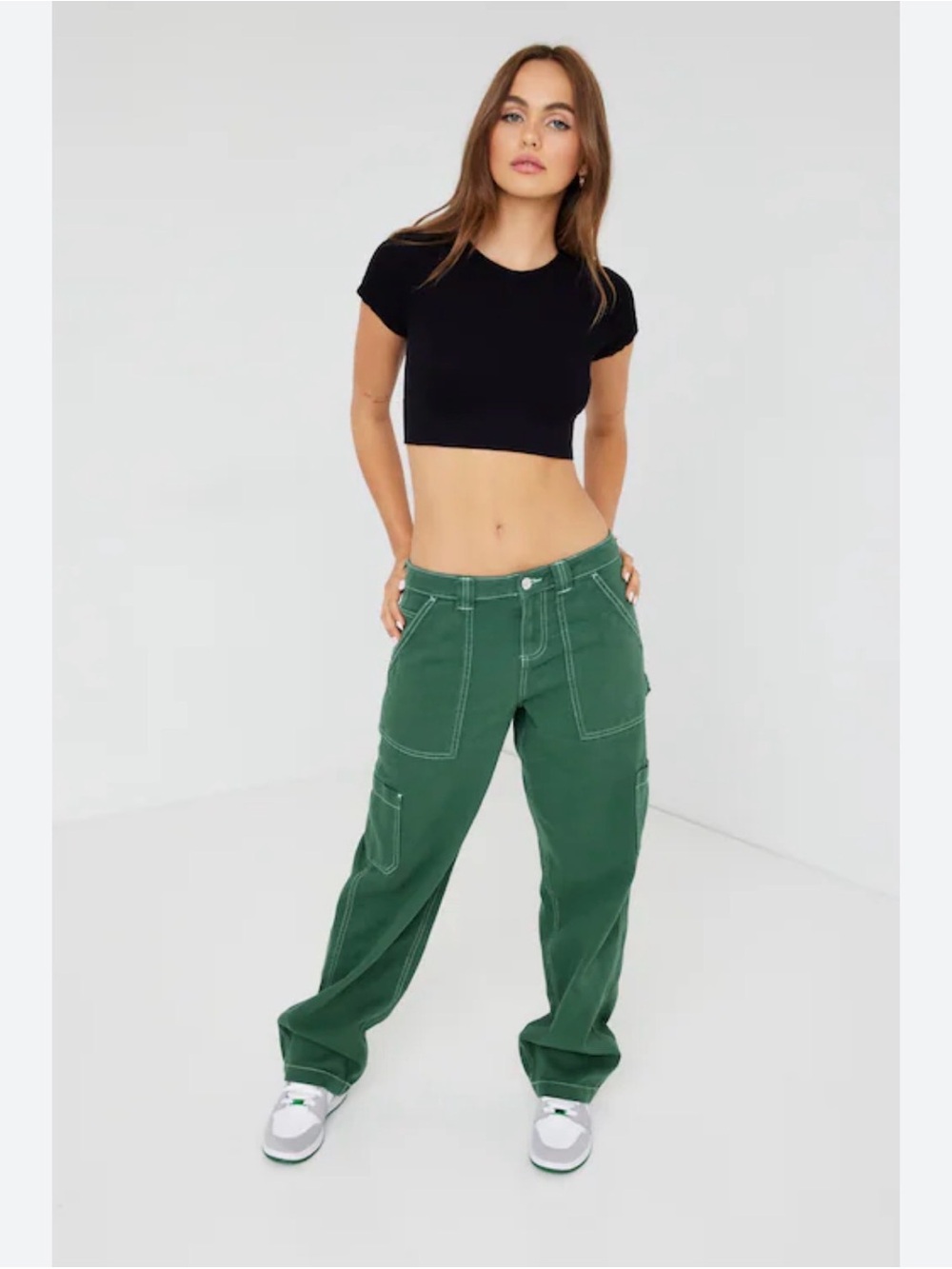 Garage Green Wide-Leg Cargo Pants with Contrast Stitch